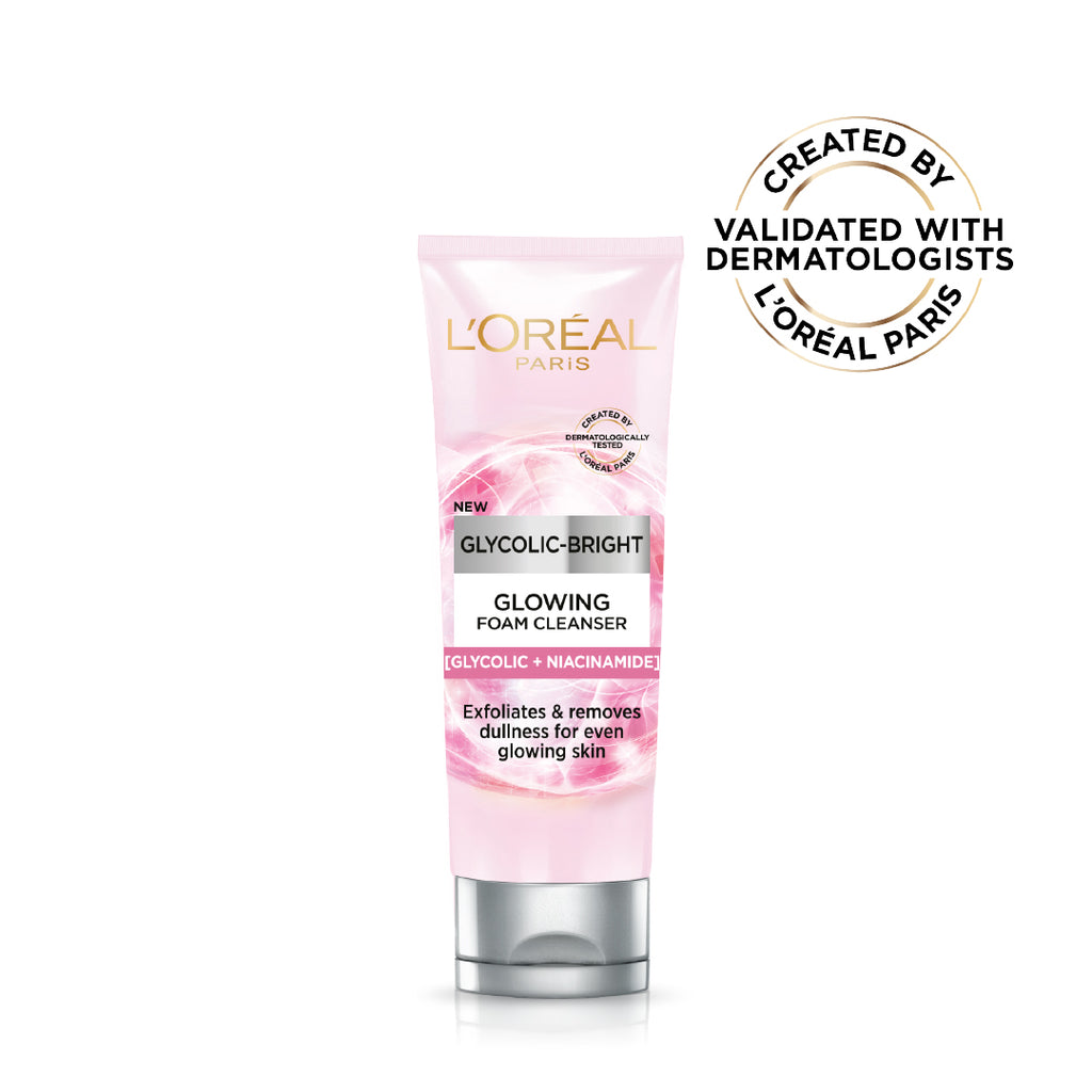 L’Oréal Paris, Glycolic-Bright Daily Glowing Foam Cleanser, with Glycolic Acid and Niacinamide, to Exfoliate and Remove Dullness for Even Glowing Skin, 100ml