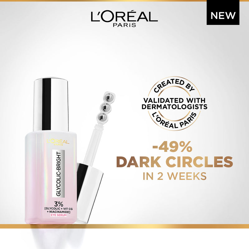 L'Oréal Paris Glycolic [3% Glycolic Acid  + Vitamin CG + Niacinamide] Eye Serum For Dark circles, Brighten Eyes