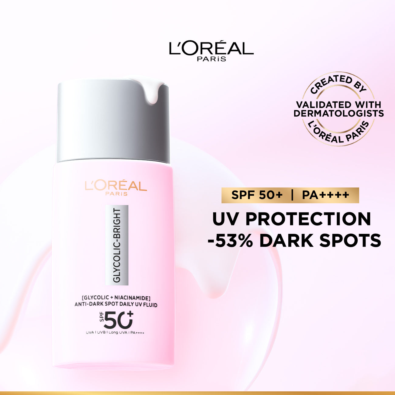 L’Oréal Paris, Glycolic Bright Anti-Dark Spot Daily UV Fluid, SPF 50+ with [Glycolic Acid + Niacinamide], 50ml