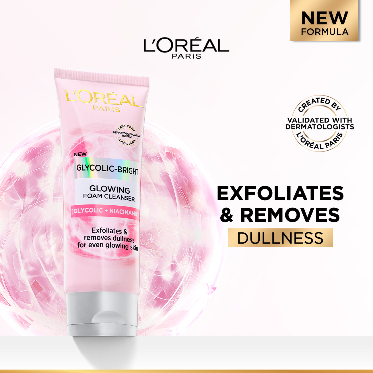 L’Oréal Paris, Glycolic-Bright Daily Glowing Foam Cleanser, with Glycolic Acid and Niacinamide, to Exfoliate and Remove Dullness for Even Glowing Skin, 100ml