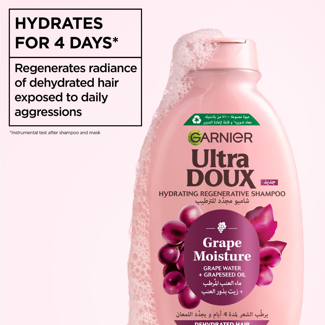 Ultra Doux Grape Moisture - Hydrating Regenerative Shampoo for Dehydrated Hair. Hydrating Grape Water + Antioxidant Grapeseed Oil - Paraben-Free, Vegan, Cruelty-Free
