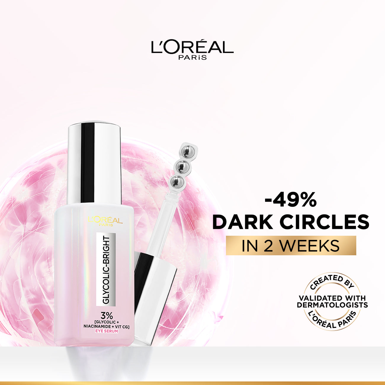L'Oréal Paris Glycolic [3% Glycolic Acid  + Vitamin CG + Niacinamide] Eye Serum For Dark cirles, Brighten Eyes