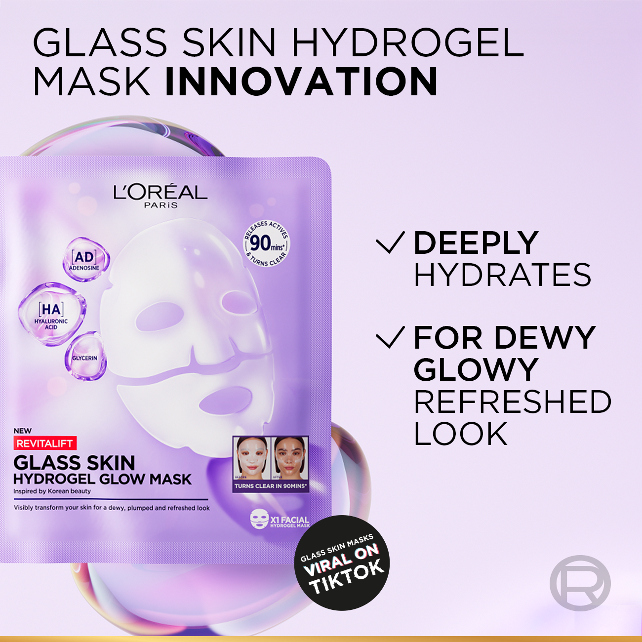 Revitalift Glass Skin Hydrogel Glow Mask, Transform Your Skin For A Dewy, Plumped, Glass Skin In Only 90 Minutes, 1pc.