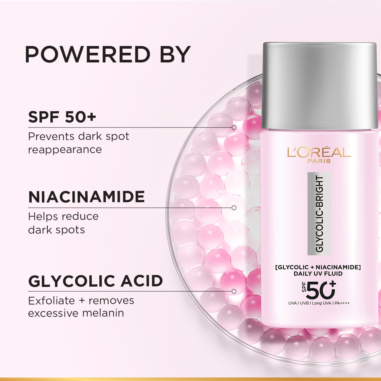 L’Oréal Paris, Glycolic Bright Anti-Dark Spot Daily UV Fluid, SPF 50+ with [Glycolic Acid + Niacinamide], 50ml