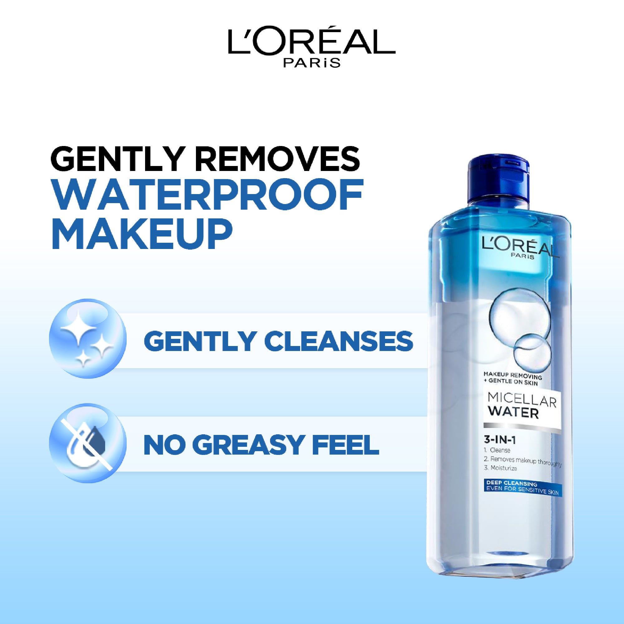 3-in-1 Bi-Phase Micellar Water, Deeply Cleanse, Remove Water Proof Makeup and Soothe, for All Skin Types and Sensitive Skin, 400ml
