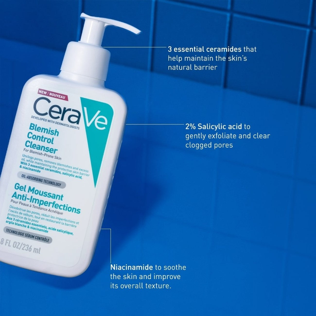 Blemish Control Cleanser Face Wash For Acne & Blemish Prone Skin with 2% Salicylic Acid, Niacinamide and Ceramides