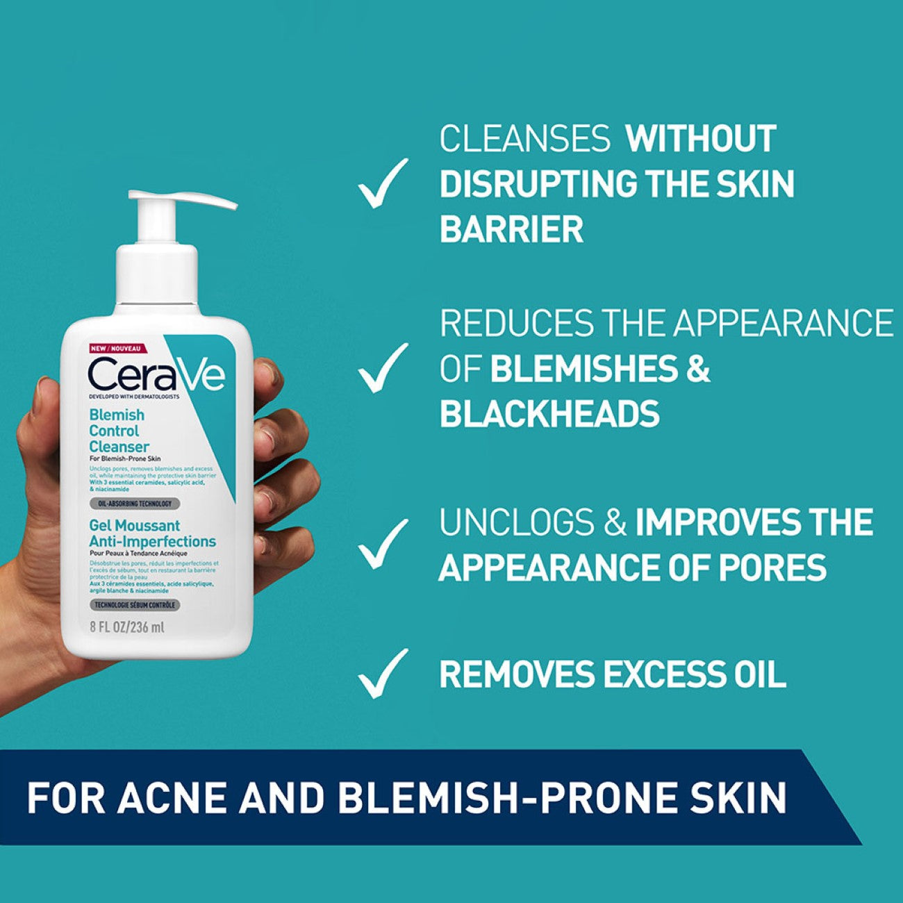 Blemish Control Cleanser Face Wash For Acne & Blemish Prone Skin with 2% Salicylic Acid, Niacinamide and Ceramides