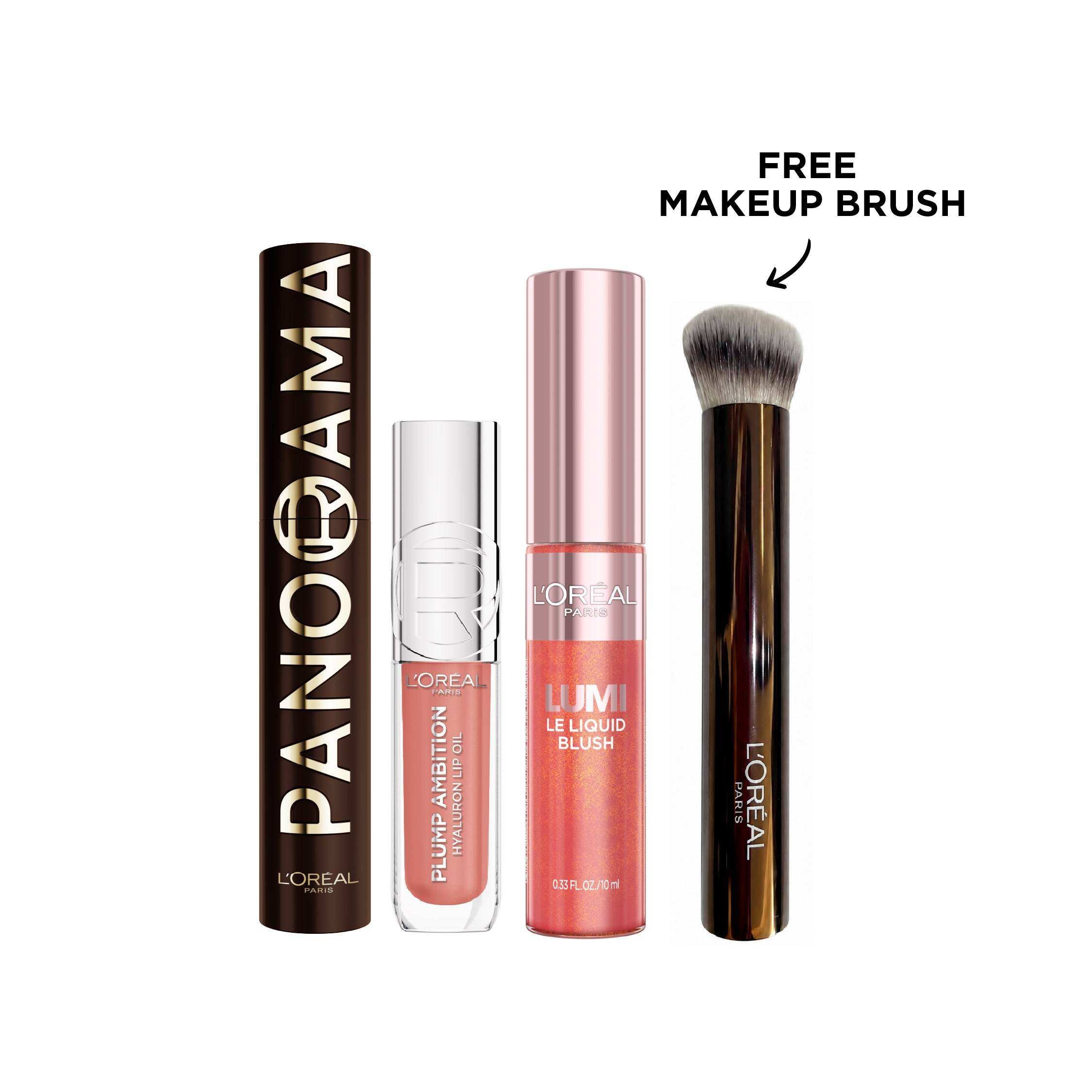 Voluminous Panorama Brown Mascara &  Plump Ambition Hyaluron Lip Oil & Lumi Le Liquid Blush Trio