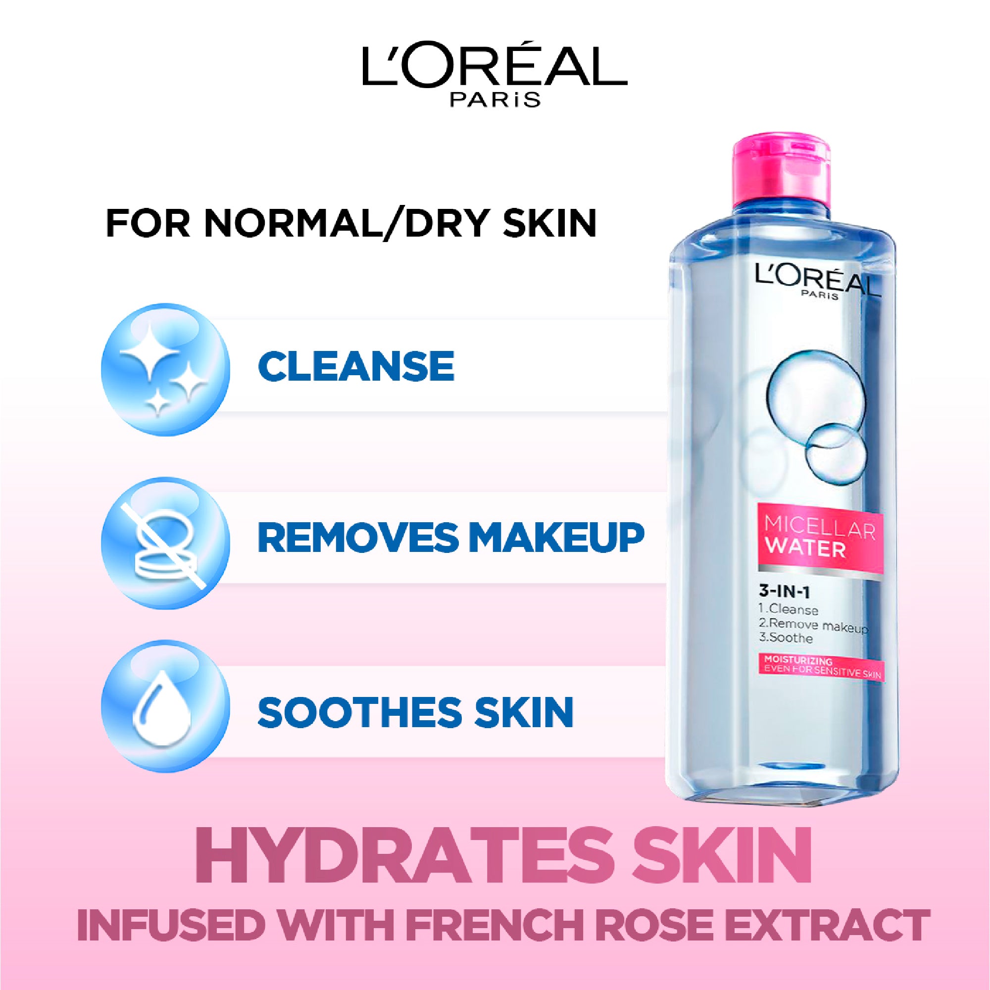 3-in-1 Refreshing and Moisturizing Micellar Water, Cleanse, Remove Makeup and Soothe, for Sensitive and Normal to Dry Skin, 400ml