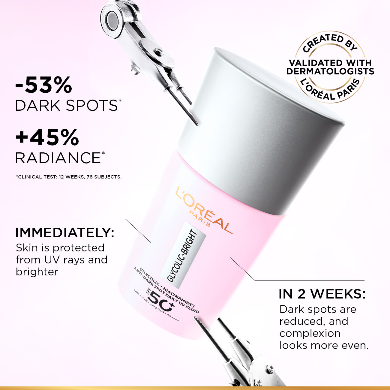 L’Oréal Paris, Glycolic Bright Anti-Dark Spot Daily UV Fluid, SPF 50+ with [Glycolic Acid + Niacinamide], 50ml