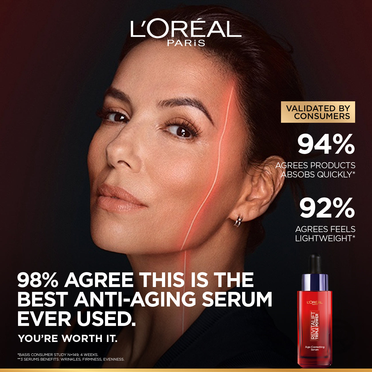 L’Oréal Paris Revitalift Triple Power Age-Correcting™ Serum with Tri-peptides, Hyaluronic Acid, and Vitamin C to Hydrate, Tone, and Firm Skin, 30ml.