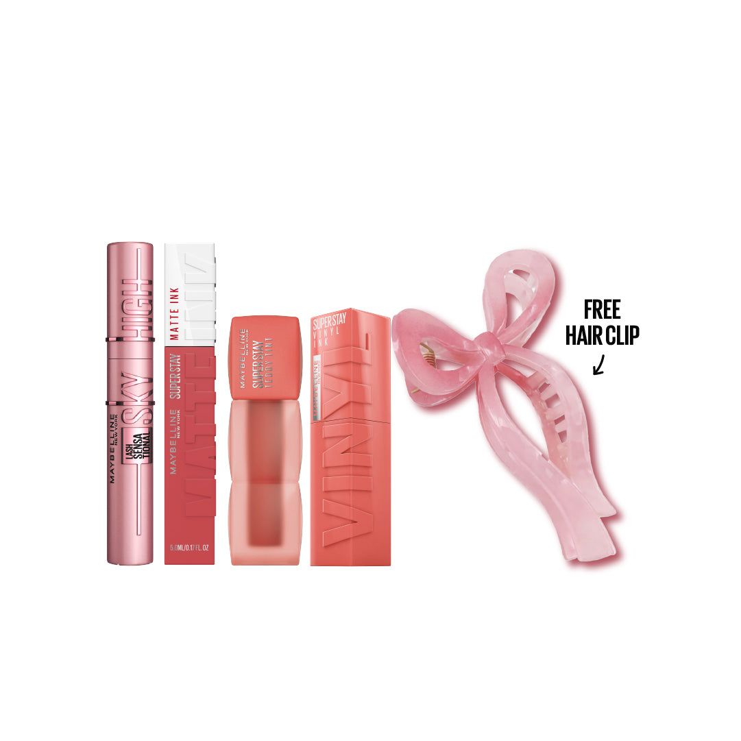 Full Glam Set – Super Stay Lips (Vinyl Ink, Matte Ink, Teddy Tint) + Sky High Mascara