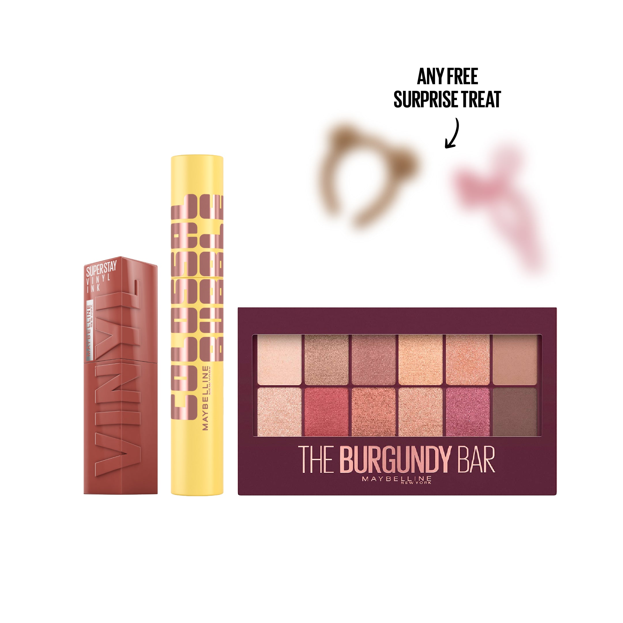 Super Stay Vinyl Ink Long lasting Lipstick & The Colossal Bubble Washable Mascara & The Burgundy Bas Eyeshadow Palette Trio