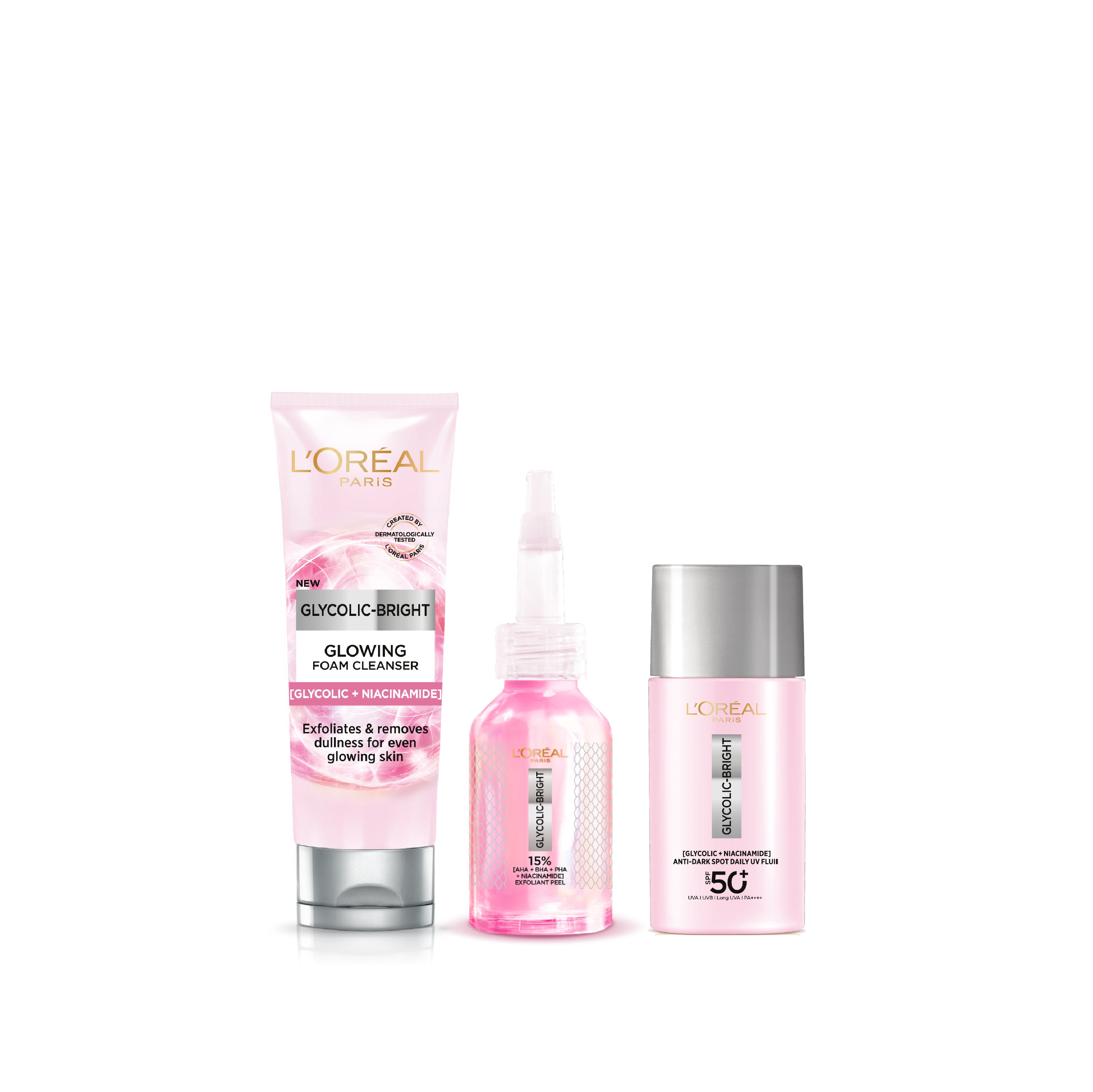 Glycolic-Bright Anti-Dark Spot Exfoliant Peel & Glycolic-Bright Daily Glowing Foam Cleanser & Glycolic Bright Anti-Dark Spot Daily UV Fluid Trio