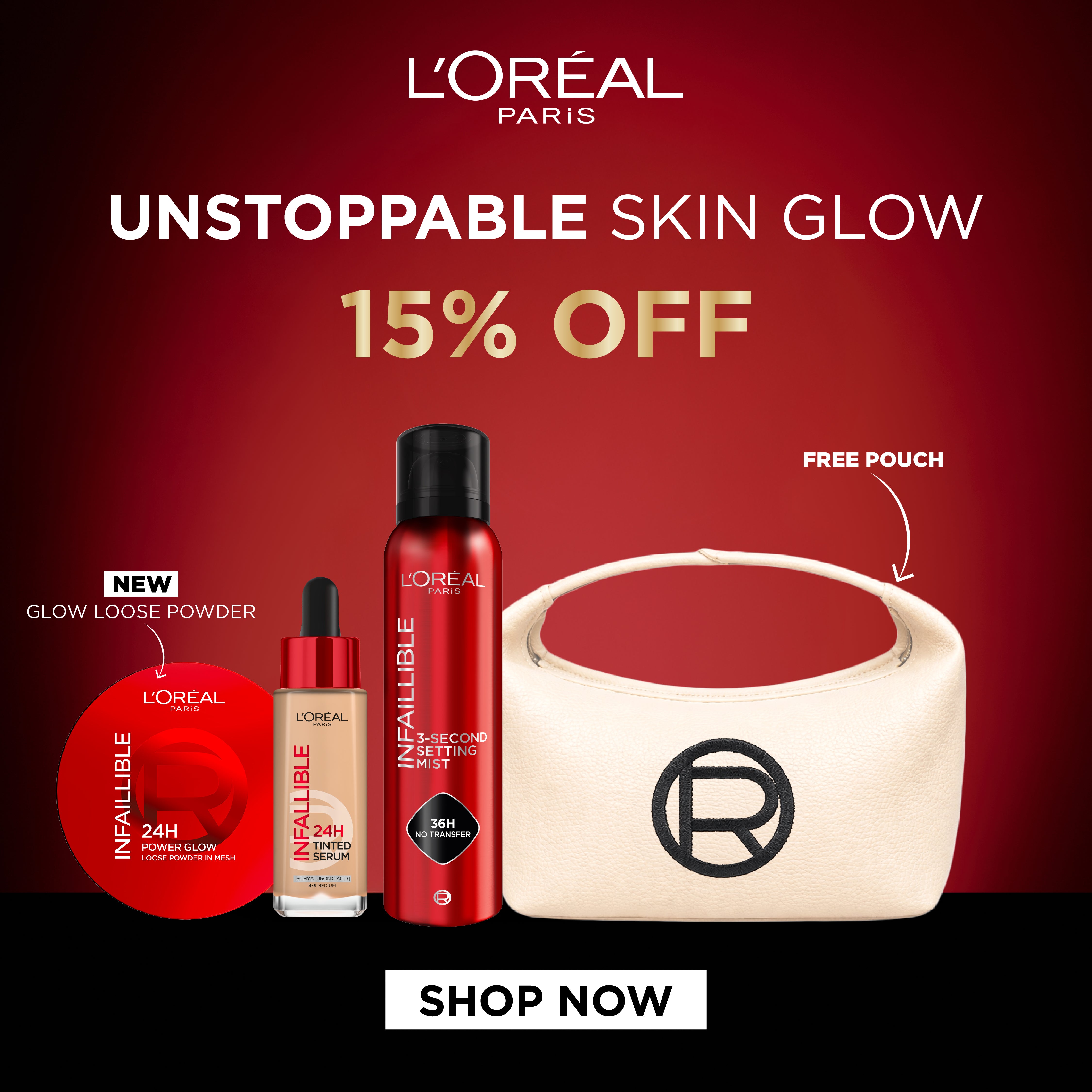 Infallible 24H Tinted Serum & Glow Loose Powder & Infallible 3 Seconds Makeup Setting Mist Trio