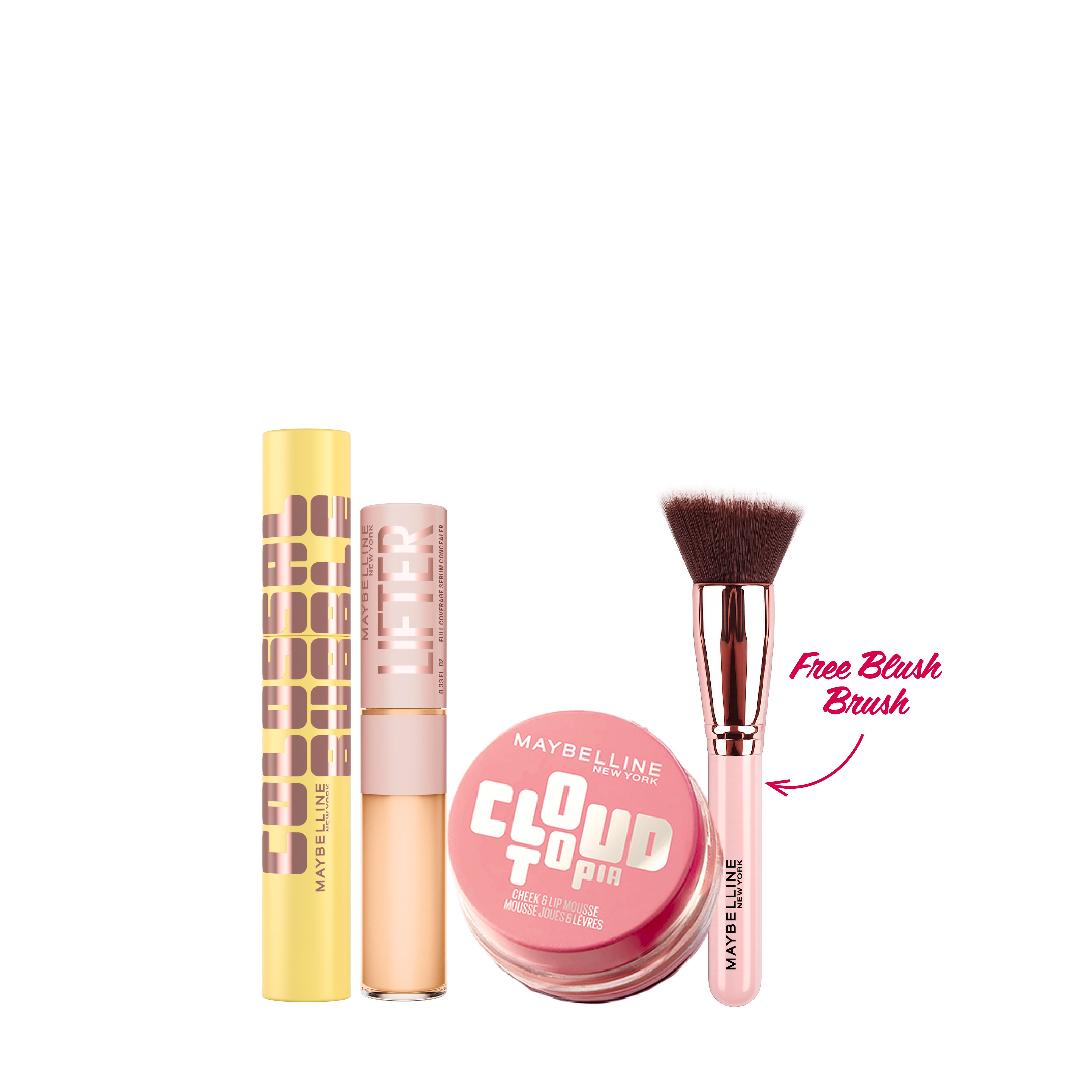 Cloudtopia Blush for Cheeks and Lip Mousse & Lifter Serum Concealer & Colossal Bubble Washable Mascara Trio