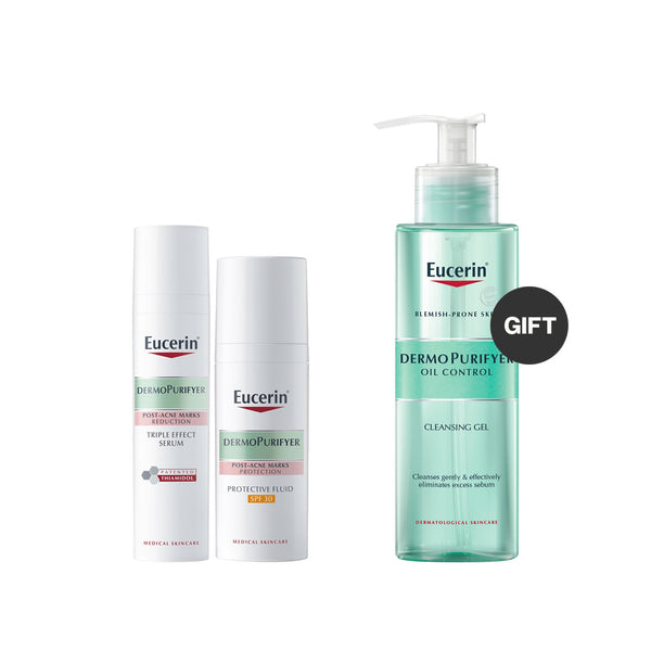 Eucerin DermoPurifyer Triple Effect Serum & Protective Fluid SPF30 with Cleansing Gel as GIFT