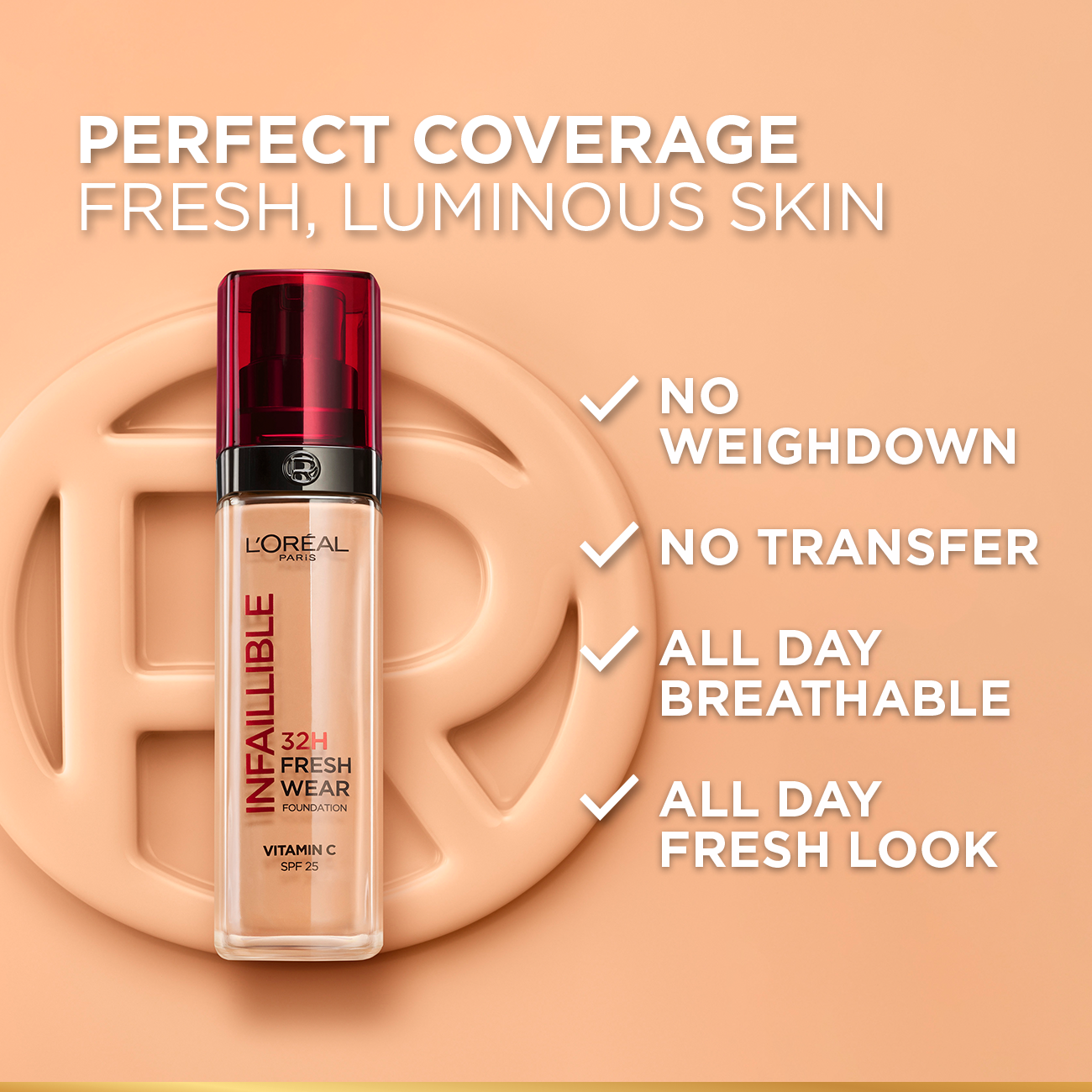 L’Oréal Paris Makeup Infallible 32H Freshwear Longwear Liquid Foundation, Vitamin C, SPF25