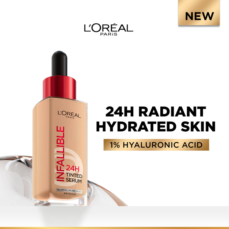 L’Oréal Paris Infallible 24H Tinted Serum with 1% Hyaluronic Acid for Radiant Hydrated Skin, Light to Medium Coverage