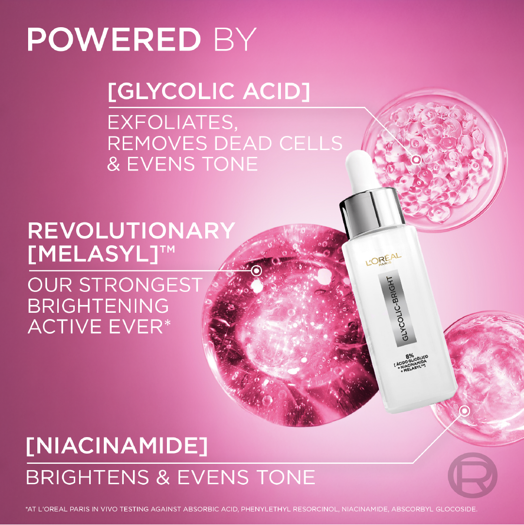 L’Oréal Paris Glycolic Bright Serum with 8% [Melasyl ™ + Glycolic Acid + Niacinamide] face serum for Dark Spots & Brightening