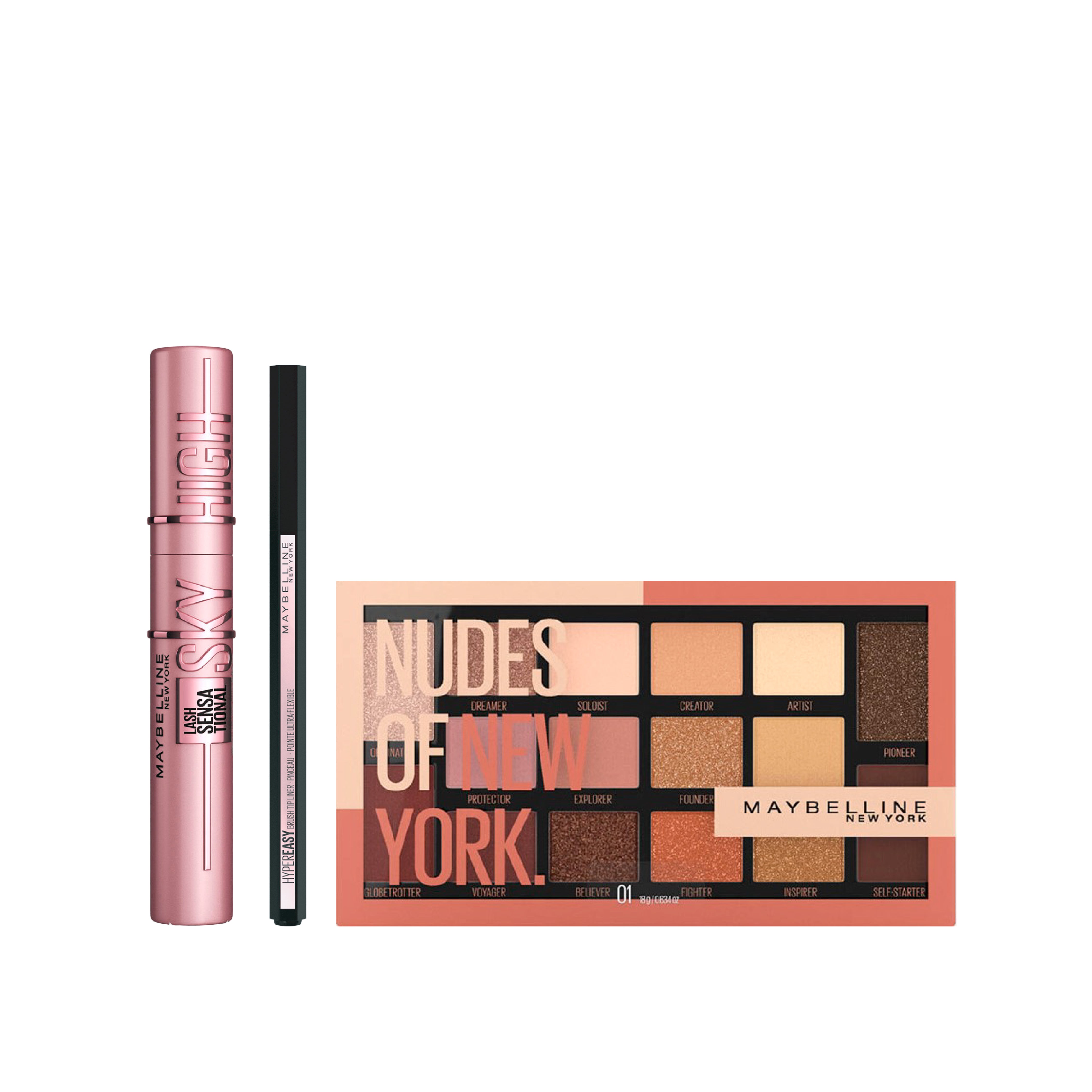 Lash Sensational Sky High Mascara & Eyestudio Hyper Easy Liquid Liner Matte-Intense Black &Eyeshadow Nudes of New York Trio