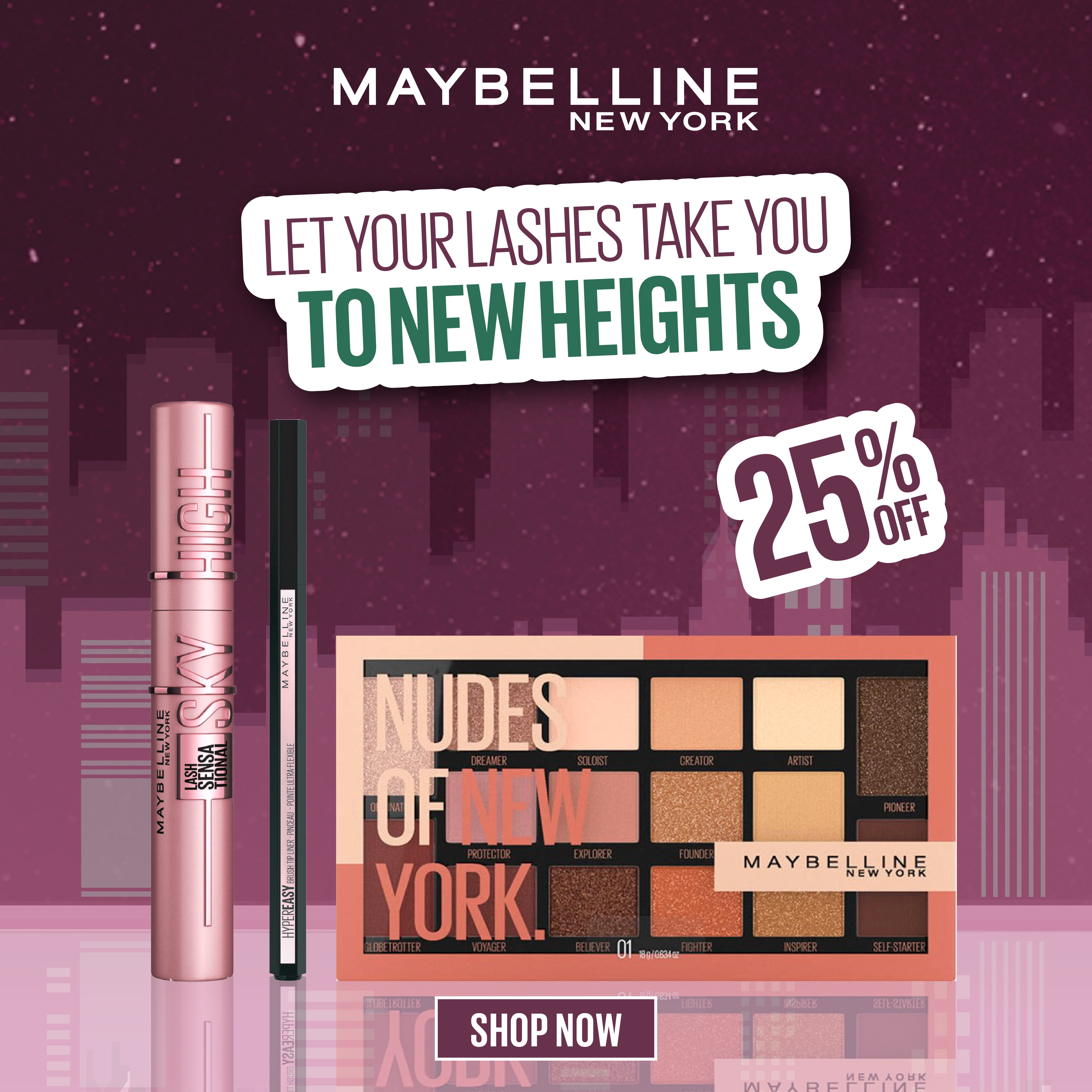 Lash Sensational Sky High Mascara & Eyestudio Hyper Easy Liquid Liner Matte-Intense Black &Eyeshadow Nudes of New York Trio