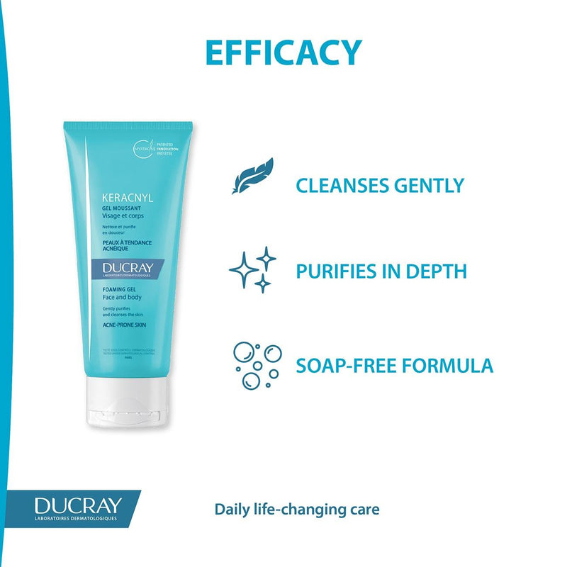 Ducray Keracnyl Foaming Gel - Face and Body - Acne-Prone Skin - Skin Society {{ shop.address.country }}
