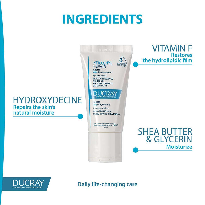 Ducray Keracnyl Repair Cream 48H of Hydration - Acne-Prone Skin Using Drying Treatments - Skin Society {{ shop.address.country }}