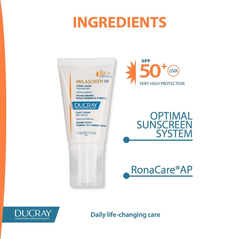 Ducray Melascreen UV Light Cream Dry Touch SPF50+ - Brown Spots, Normal to Combination Skin - Skin Society {{ shop.address.country }}