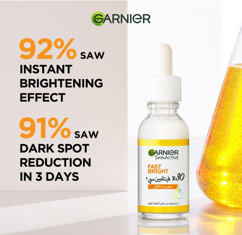 Garnier Fast Bright [3.5%] Vitamin C, Niacinamide, Salicylic Acid - Brightening Booster Serum - Skin Society {{ shop.address.country }}