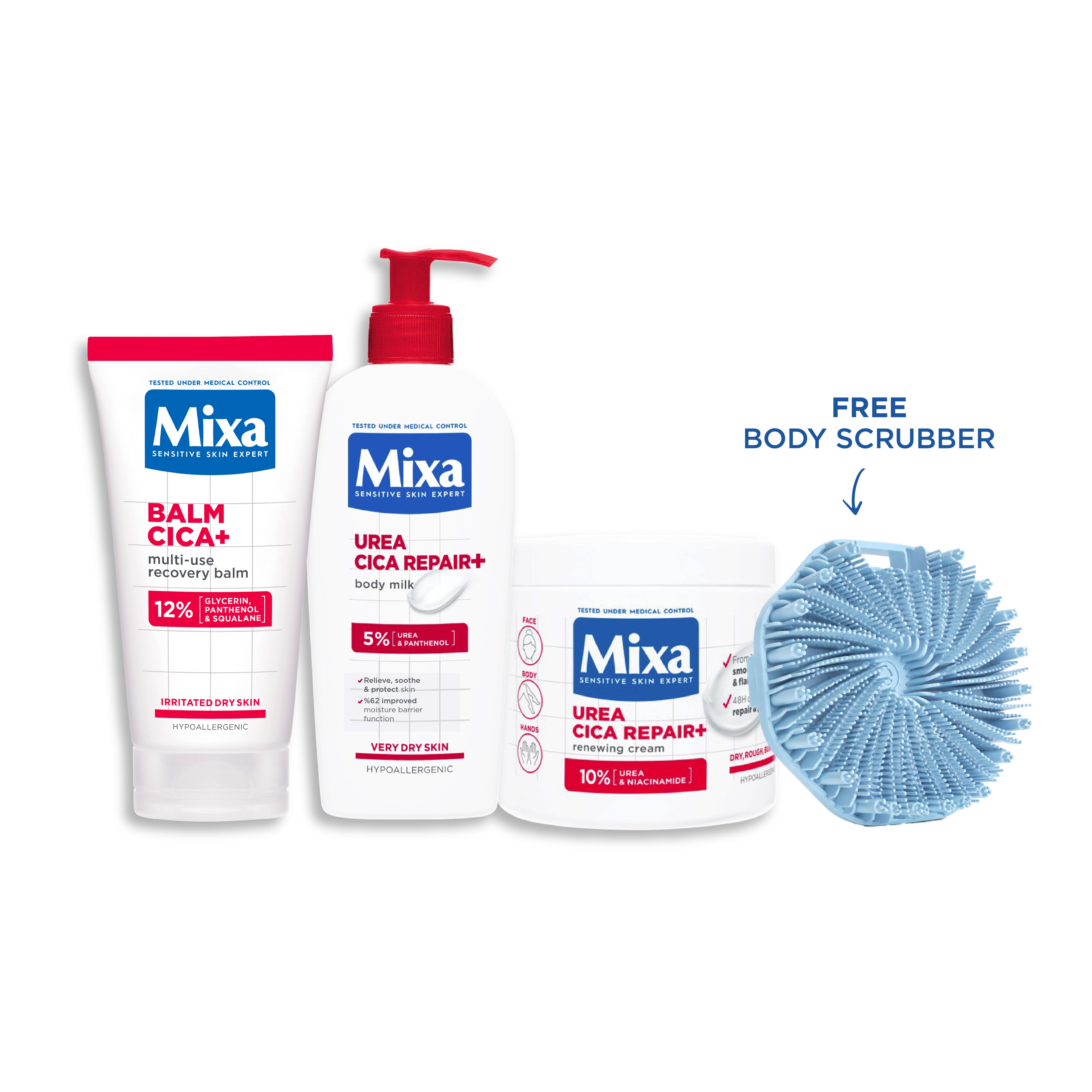 Urea Cica Repair Body Lotion & Urea Cica Repair Moisturizing Cream Jar & Mixa Cica Repair Multi Use Recovery Balm Trio