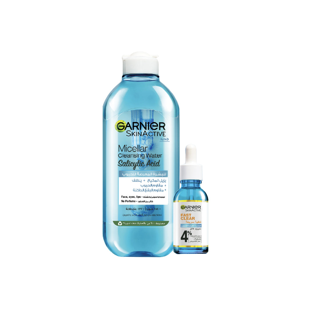 Garnier Fast Clear Micellar Water for Acne Prone Skin & Anti-Acne Treatment Booster Serum Duo