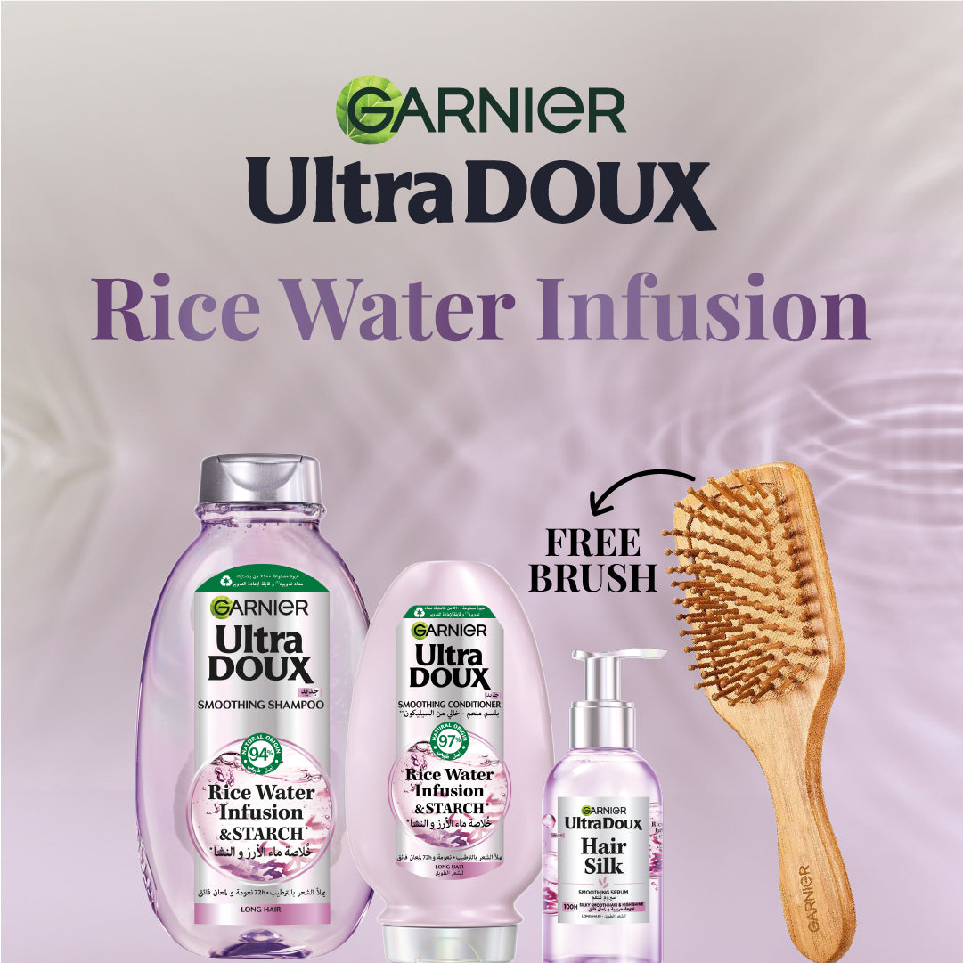 Garnier Ultra Doux Rice Water Infusion, Starch Shampoo & Conditioner &  Hair Silk Smoothing Serum Trio