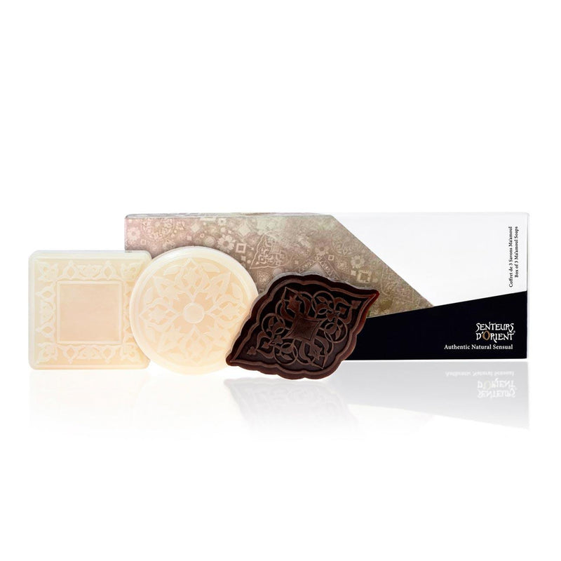 Senteurs D'Orient Box of 3 Ma'amoul Soaps: Orange Blossom, Amber & Rose of Damascus - Skin Society {{ shop.address.country }}